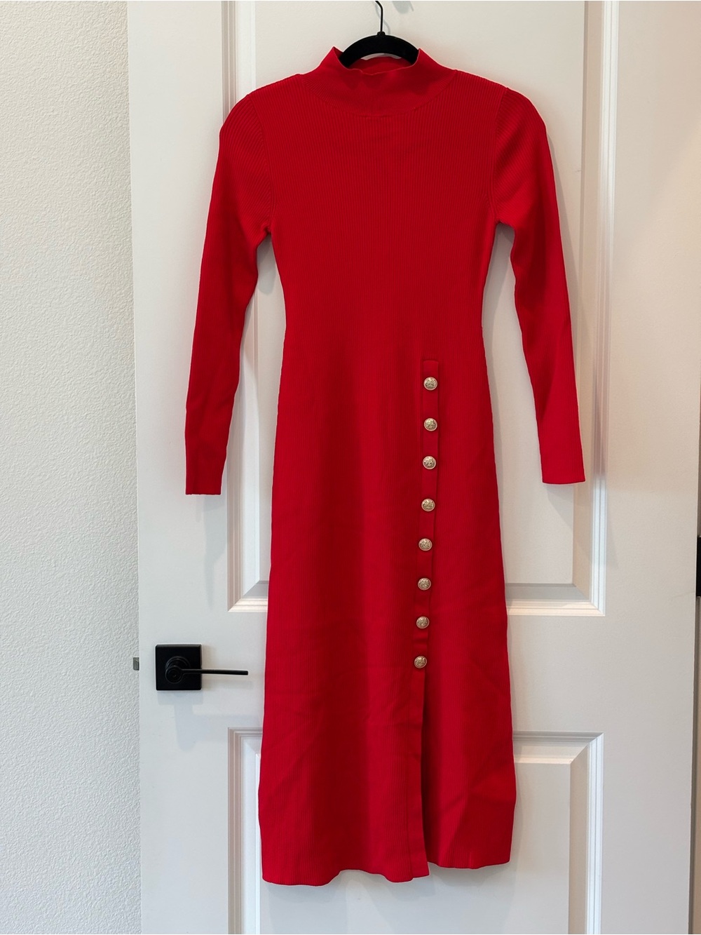 NWT Ann Taylor Red Long-Sleeve Ribbed Midi Dress with Side Buttons